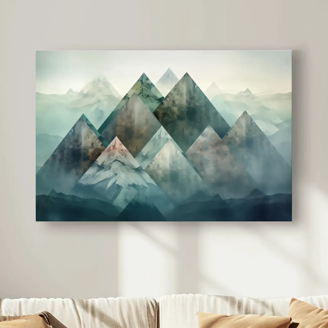 Mystical mountain landscape artwork, layered geometric peaks in misty hues