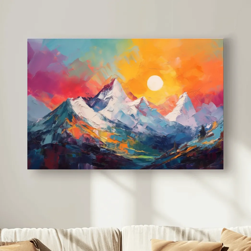 Colorful abstract mountain wall art, vibrant sunset oil painting print