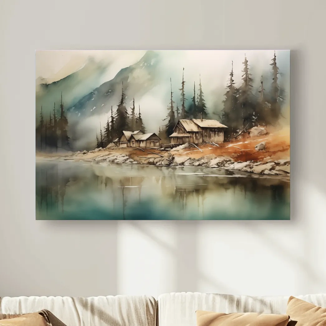 Rustic alpine mountain lake cabins, watercolor style landscape wall art
