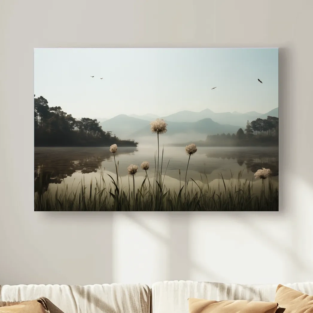 Photographic art painting of dandelions on the lake