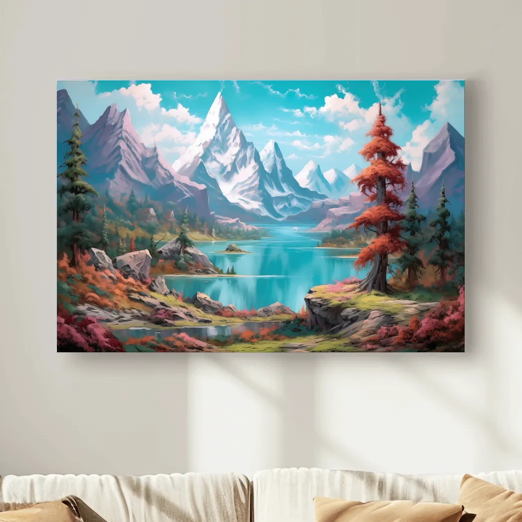 Painting of a surreal alpine mountain landscape