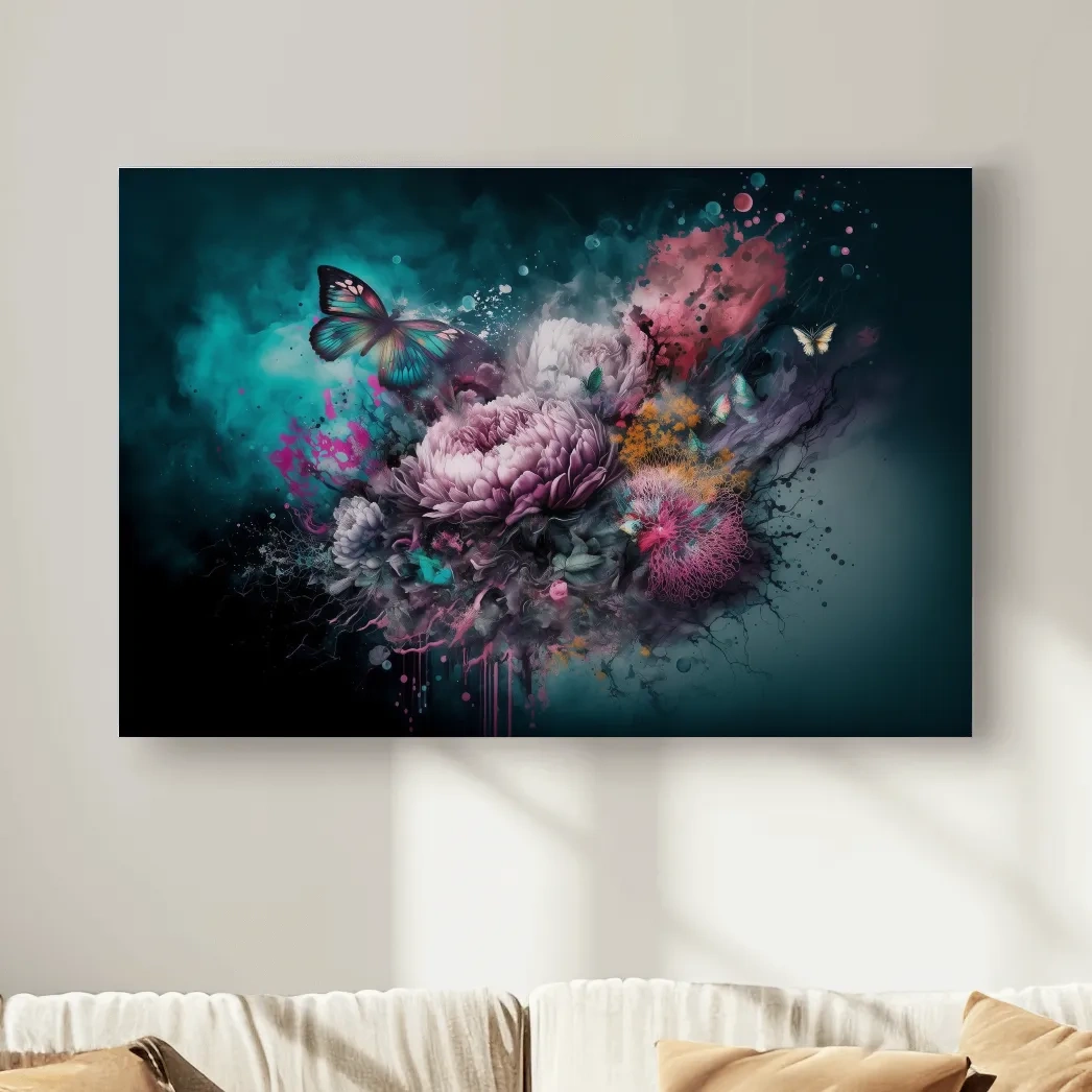 Fantasy floral explosion artwork with butterflies, vibrant abstract wall art