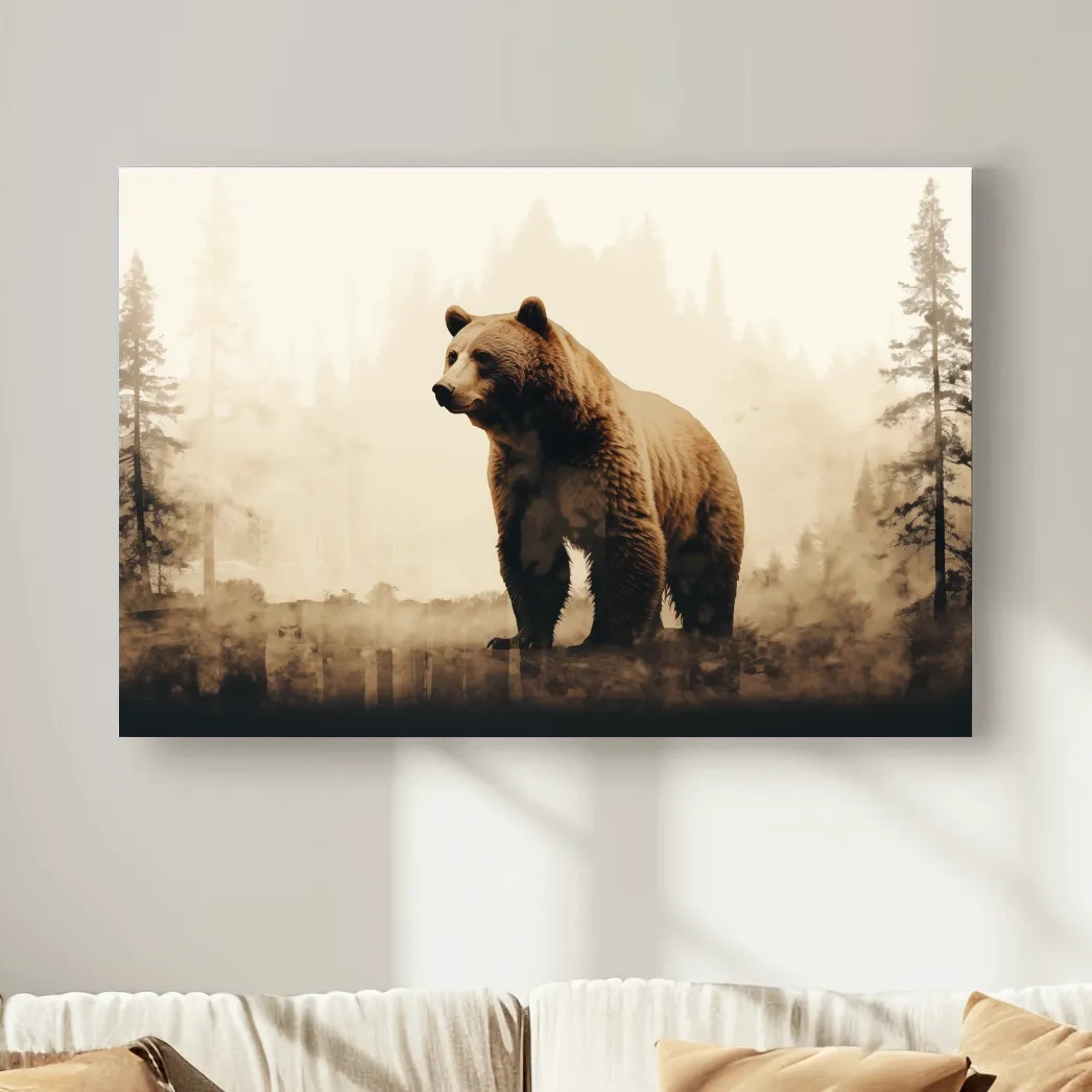 Grizzly bear in the forest, double exposure sepia photography artwork