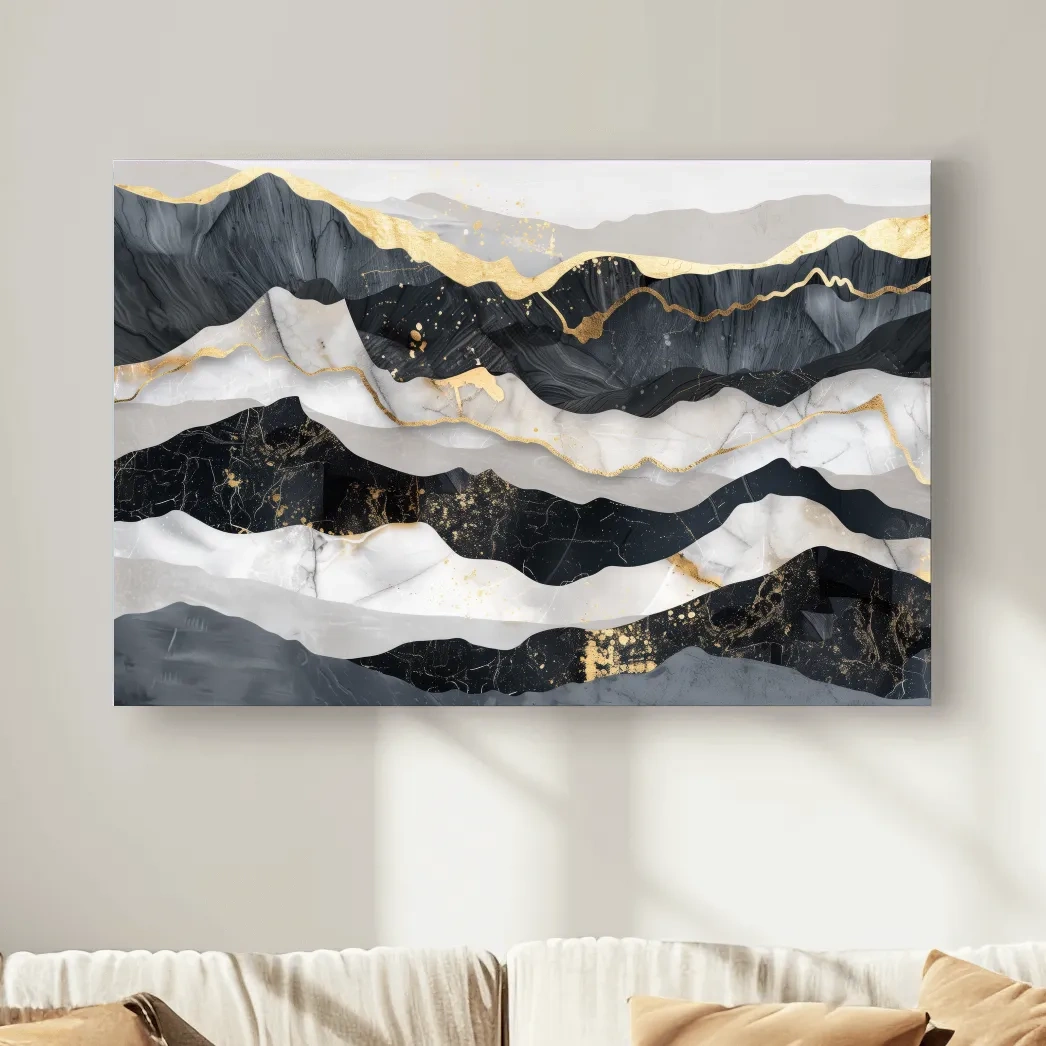 Abstract elegant artwork, layered mountain ridgelines, gold leaf style modern wall art