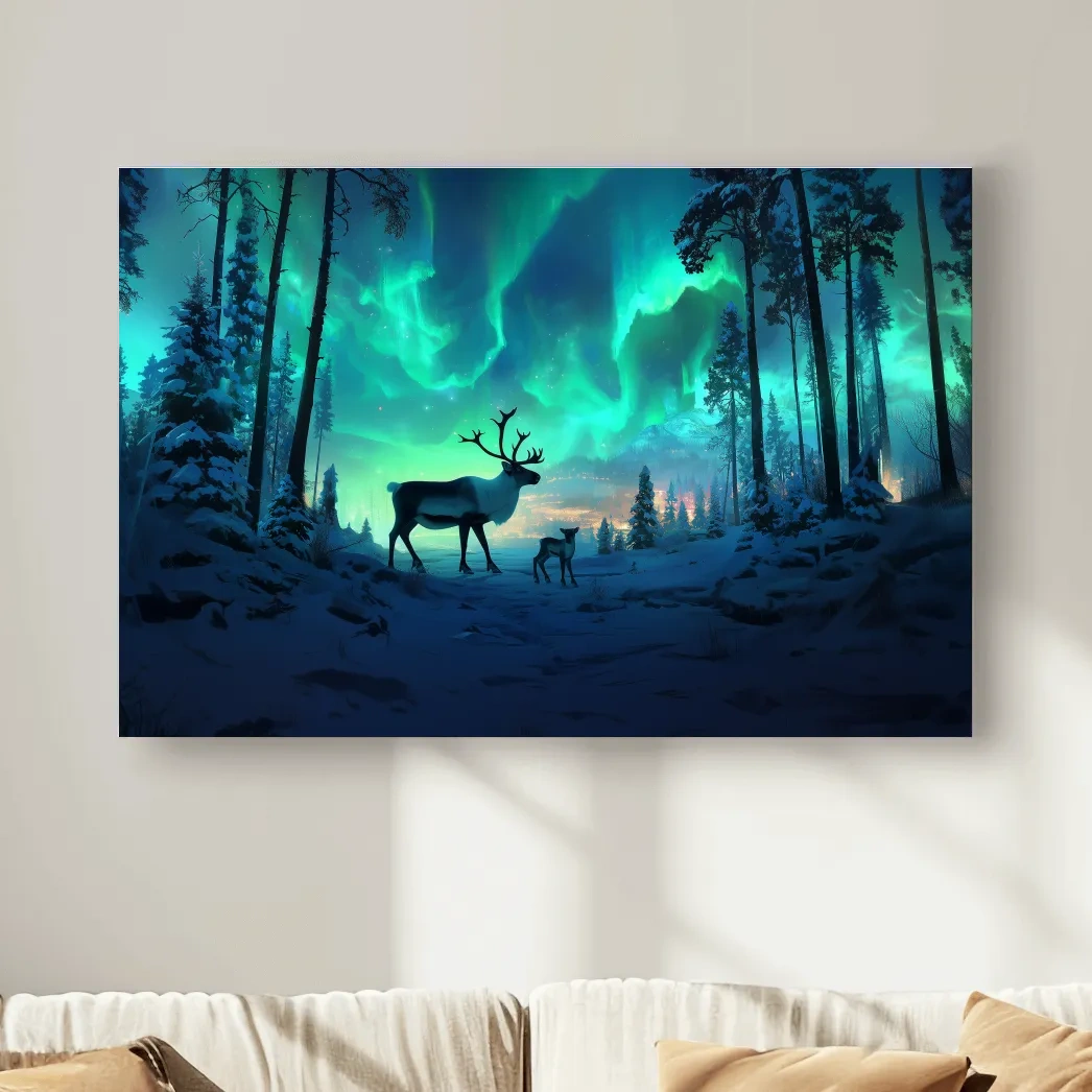 Caribou buck and fawn under vibrant northern lights in a snowy winter forest
