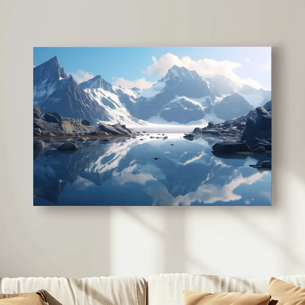 Majestic Snowcapped Mountain Lake Artwork - Serene Alpine Photography Wall Art