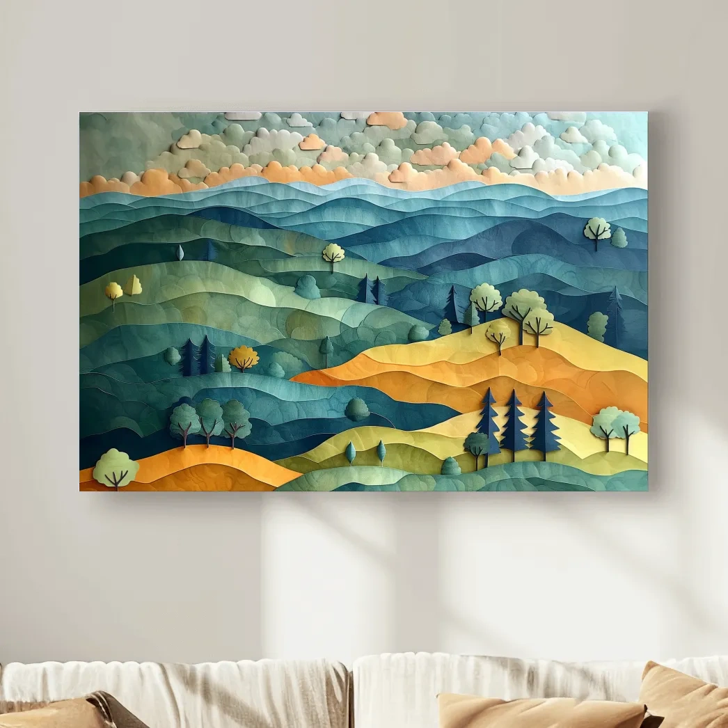 Colorful rolling hills and trees artwork, layered paper cutout effect