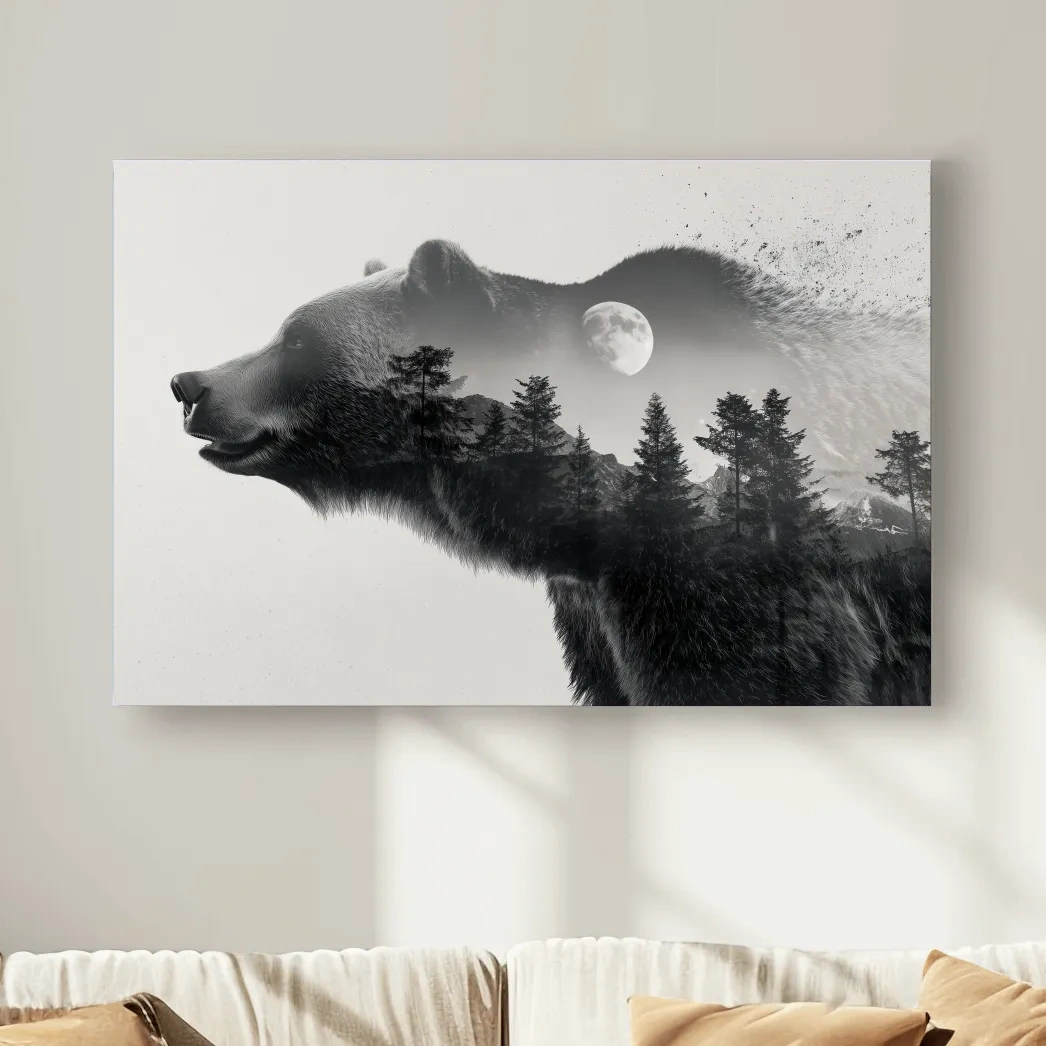 Black And White Grizzly Bear Double Exposure - Moonlit Pine Forest Mountain Wall Art