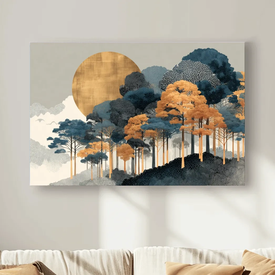 Modern Chic Golden Sun Over Autumn Forest - Elegant Boho Landscape Wall Art