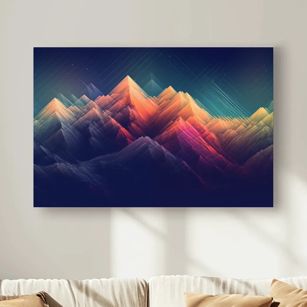Vibrant Geometric Neon Mountain Peaks - Abstract Alpine Wall Art