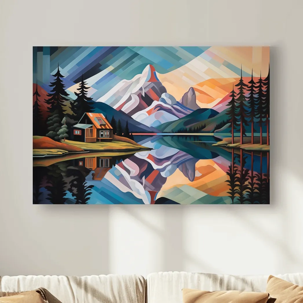 Mountain Cabin by the Lake Canvas Print - Abstract Oil Painting Sunset Wall Art