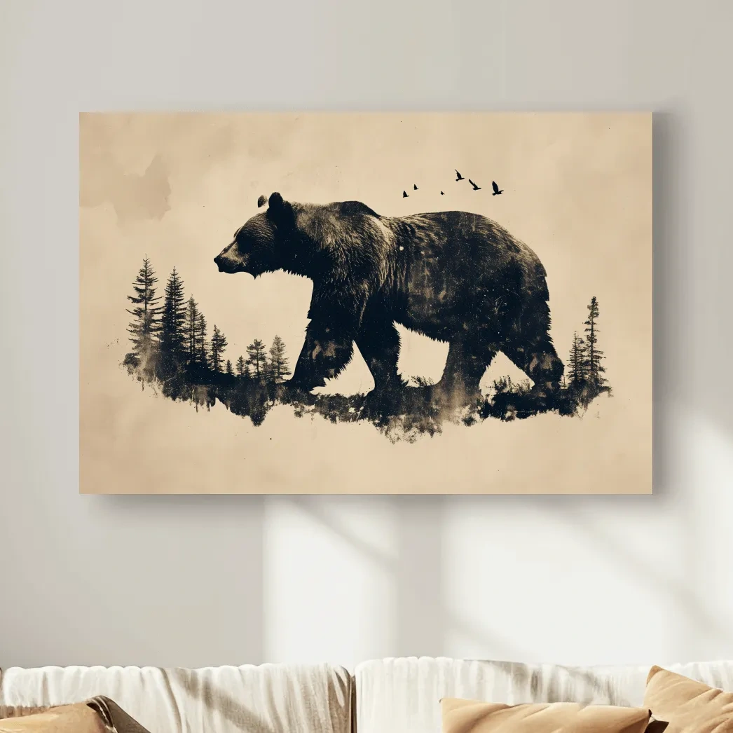 Vintage Grizzly Bear Forest Silhouette - Rustic Wildlife Wall Art