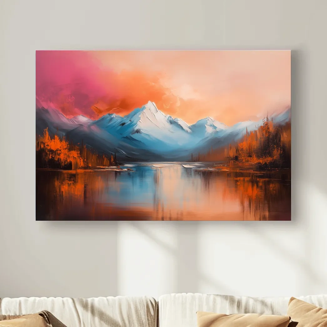 Sunset Mountain Lake Painting - Serene Abstract Landscape Wall Art Print
