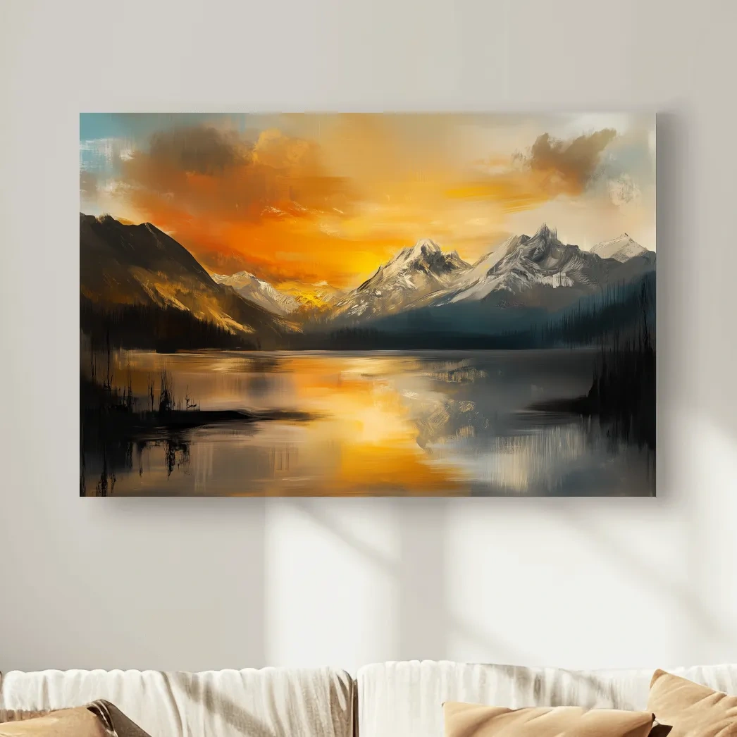Moody Alpine Mountain Lake Sunset Painting - Oil Painting Style Wall Art