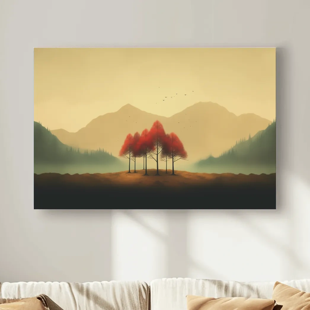 Minimalist Autumn Tree Grove Landscape - Misty Mountain Forest Wall Art