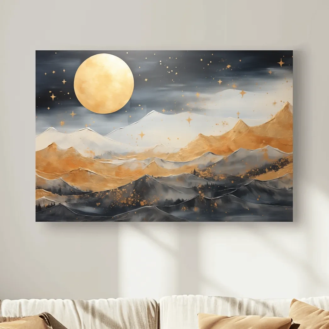 Golden Moonlit Abstract Mountain Landscape - Modern Metallic Watercolor Wall Art