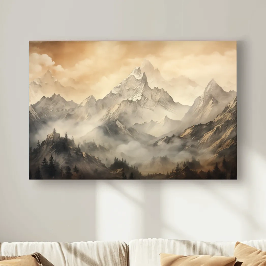 Moody Sepia Misty Mountain Peaks - Atmospheric Alpine Landscape Painting Wall Art