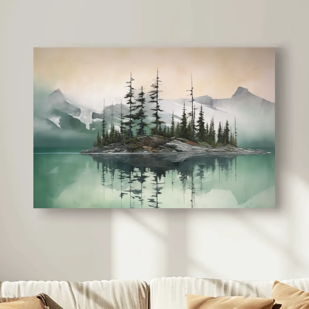 Misty Turquoise Alpine Lake Reflection - Serene Watercolor Mountain Landscape Wall Art