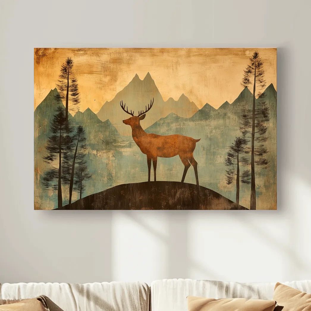 Rustic Deer Silhouette Mountain Landscape - Vintage Textured Woodland Wall Art