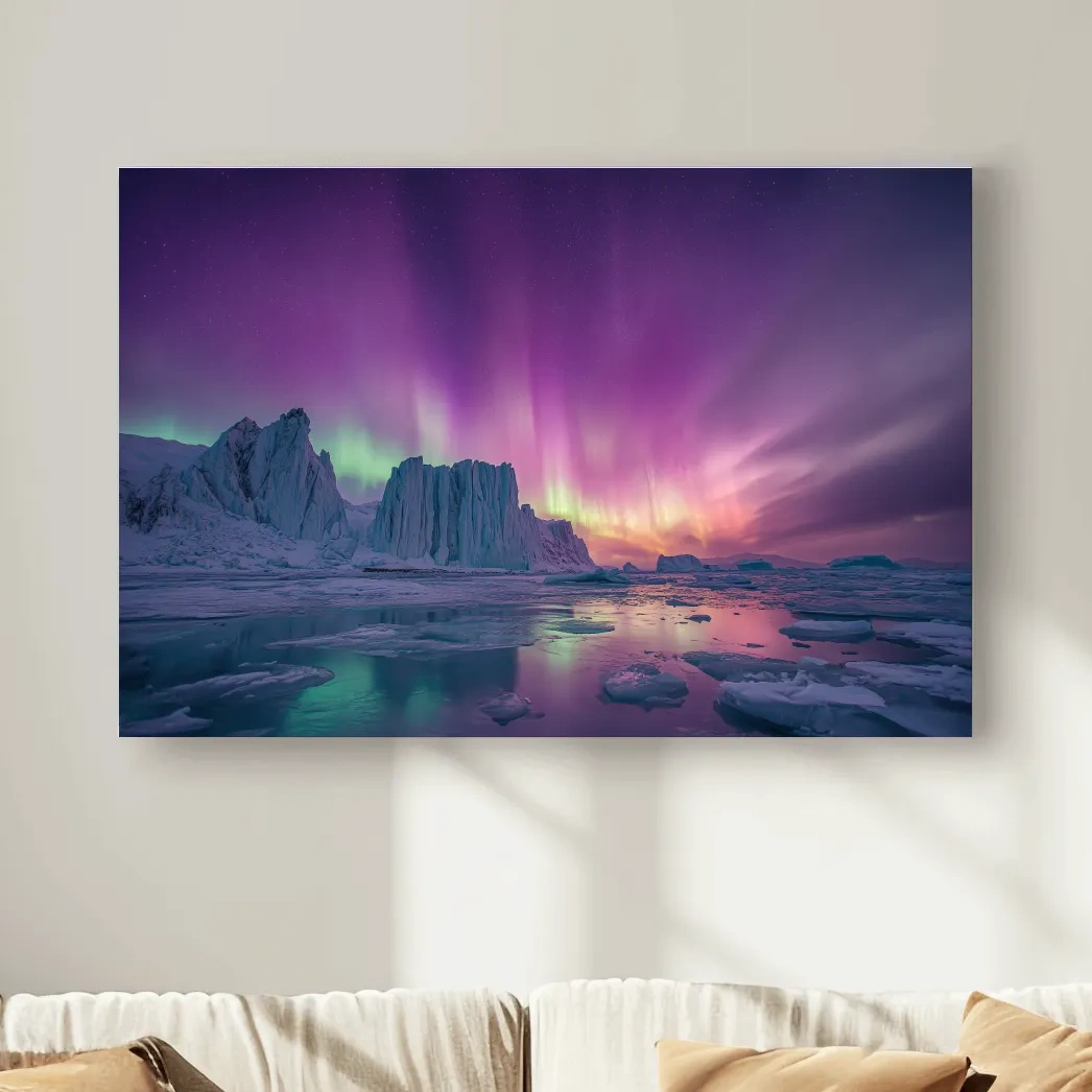 Vibrant Purple Northern Lights Over Arctic Icebergs - Aurora Borealis Landscape Wall Art