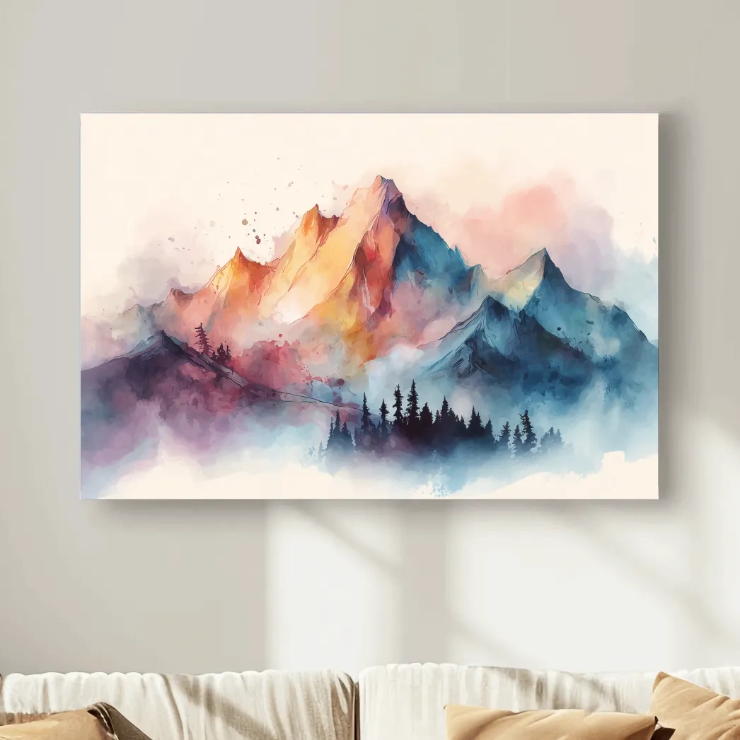 Vibrant Watercolor Mountain Peaks - Colorful Misty Alpine Forest Wall Art