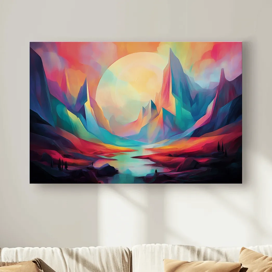Vibrant Abstract Mountain Valley Sunset - Colorful Surreal Landscape Wall Art