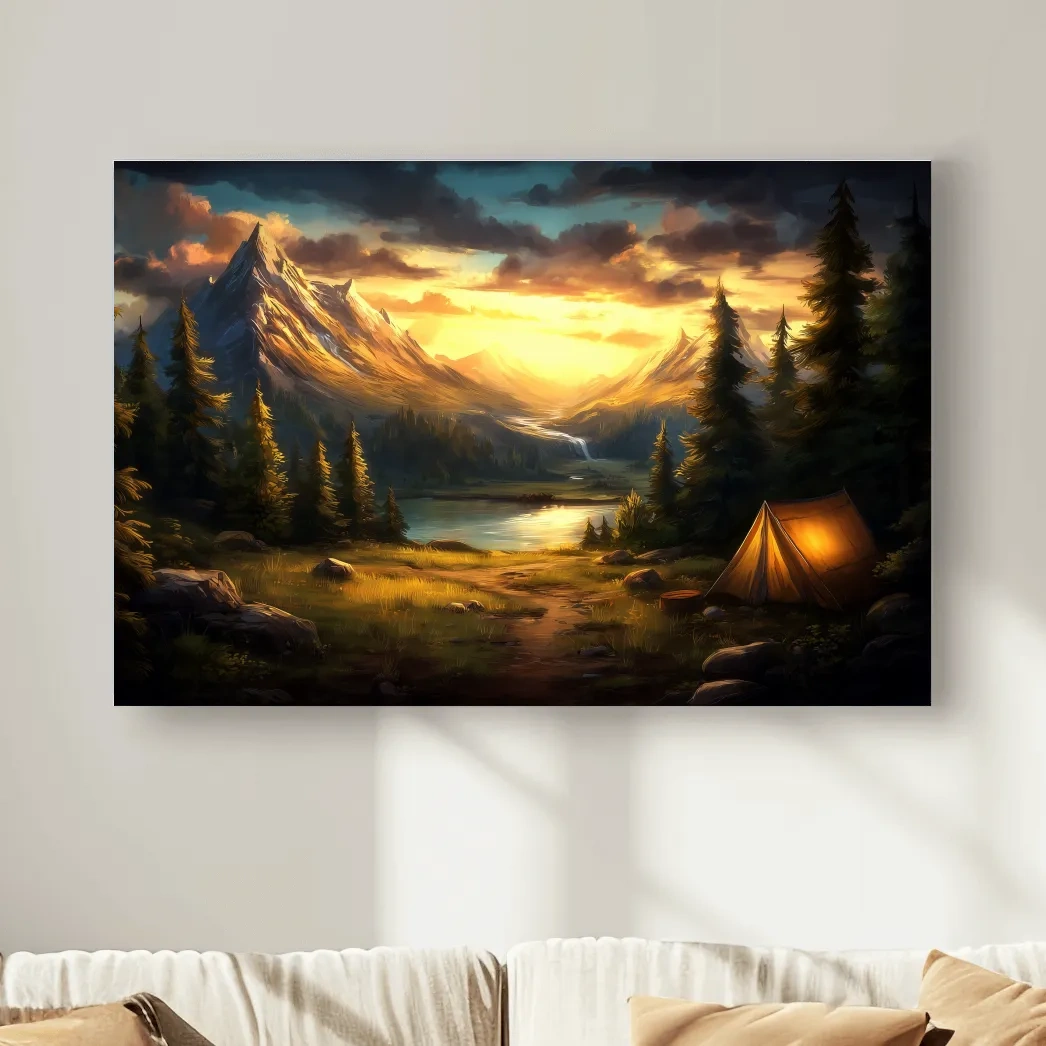 Golden Sunset Alpine Camping Scene Impressionist Painting - Scenic Mountain Wall Art