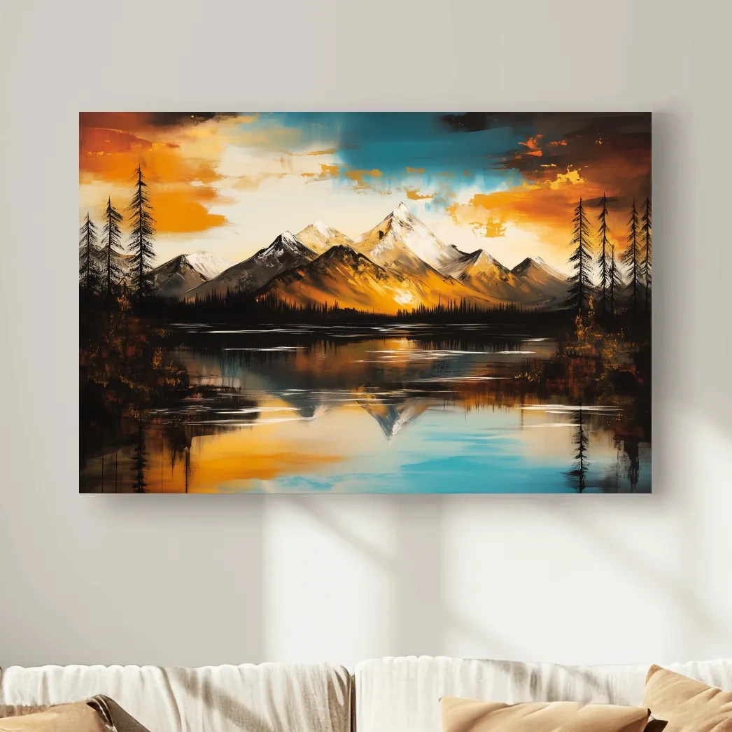 Alpine Mountain Sunset Oil Painting - Abstract Landscape Wall Art