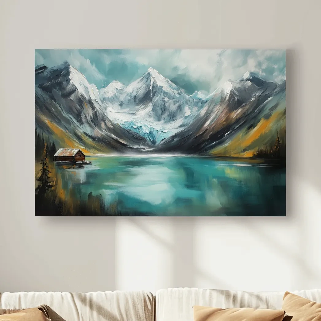 Turquoise Alpine Lake Cabin Painting - Snowy Mountain Landscape Wall Art