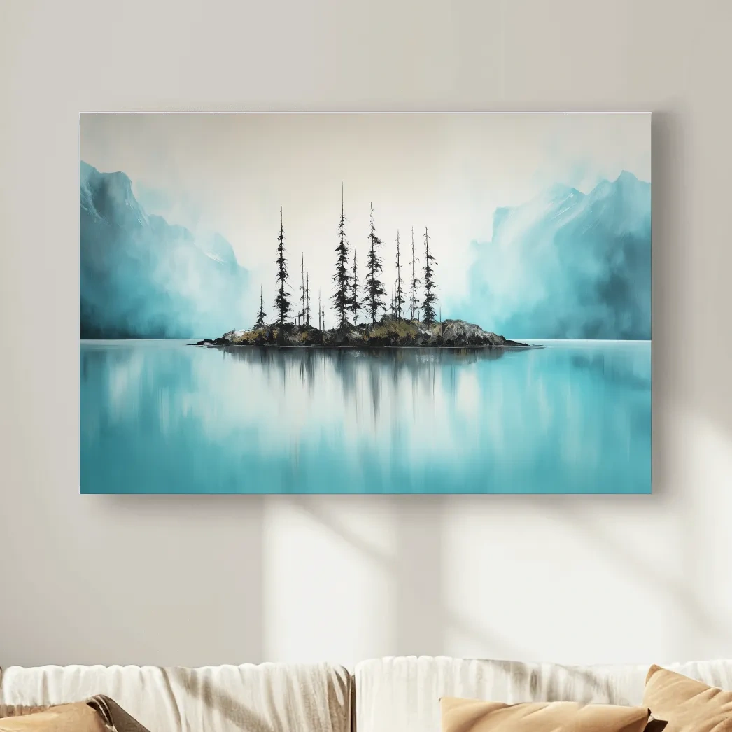 Misty Turquoise Mountain Lake Reflection - Minimalist Watercolor Landscape Wall Art
