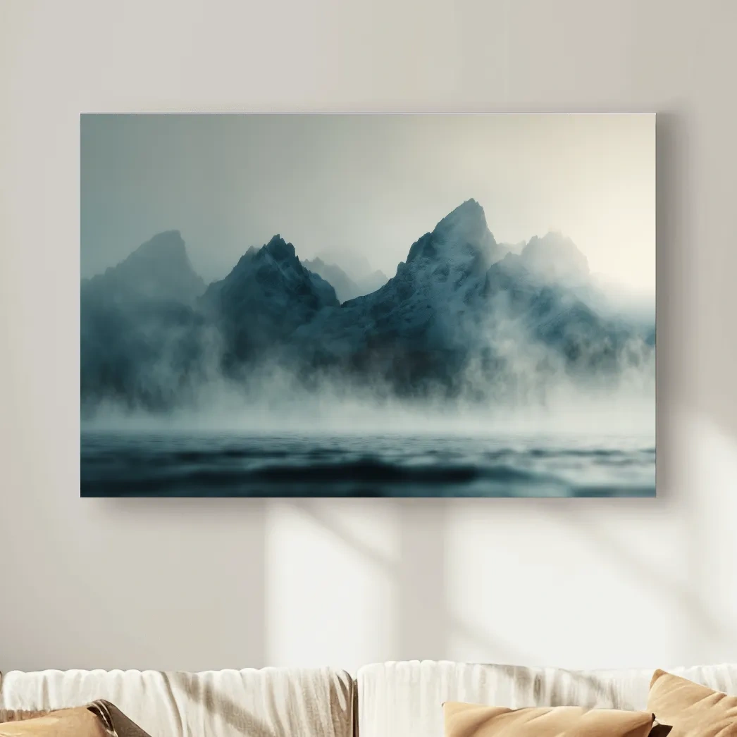 Moody Misty Mountain Peaks Over Water - Atmospheric Monochrome Landscape Wall Art
