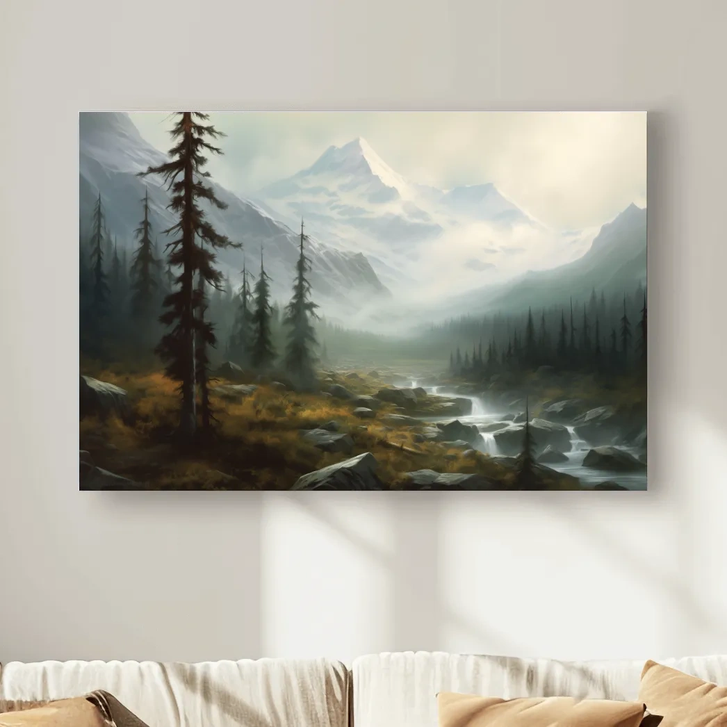 Misty Alpine Mountain Valley Painting - Foggy Evergreen Forest Wall Art