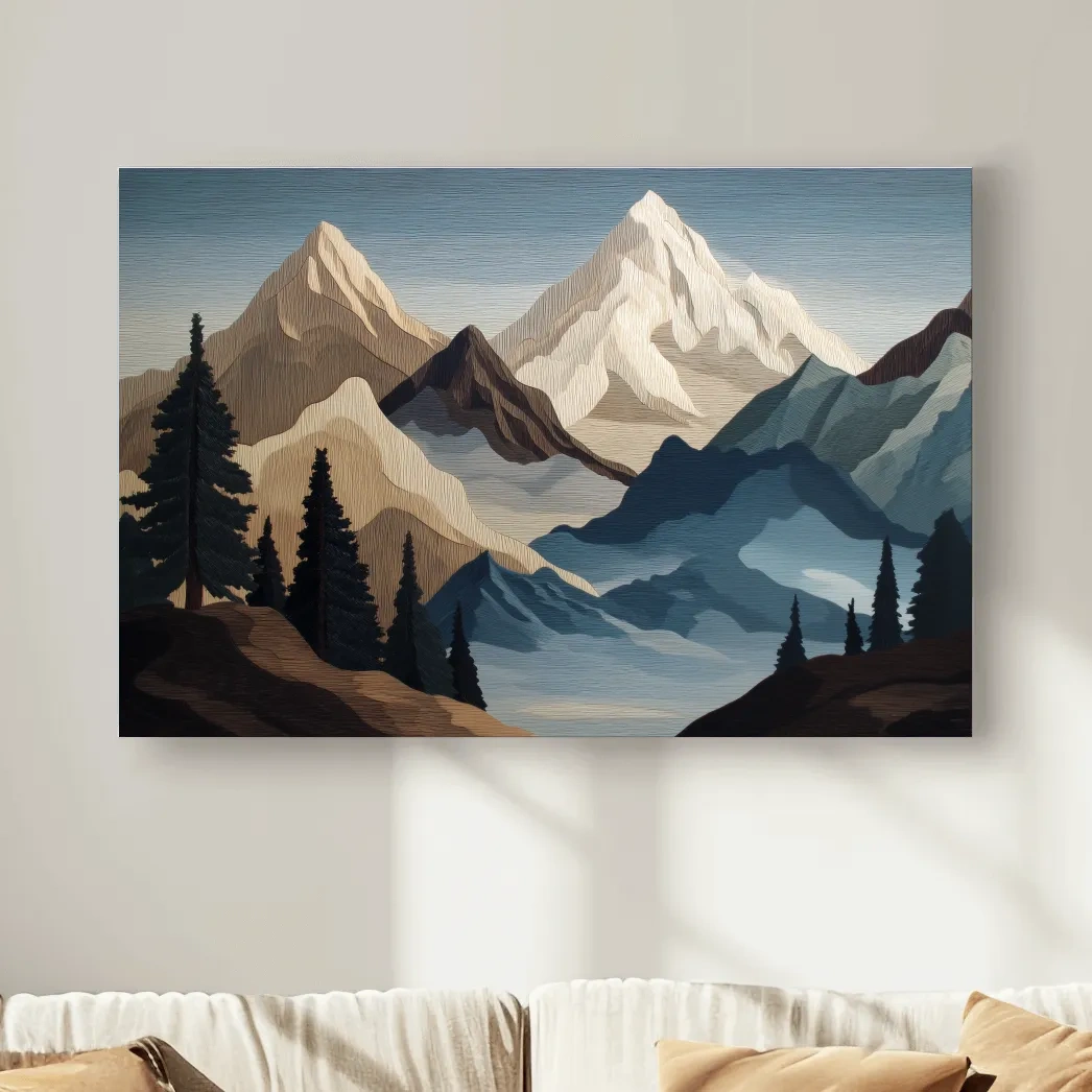 Textured Layered Alpine Mountain Peaks - Scenic Forest Wall Art