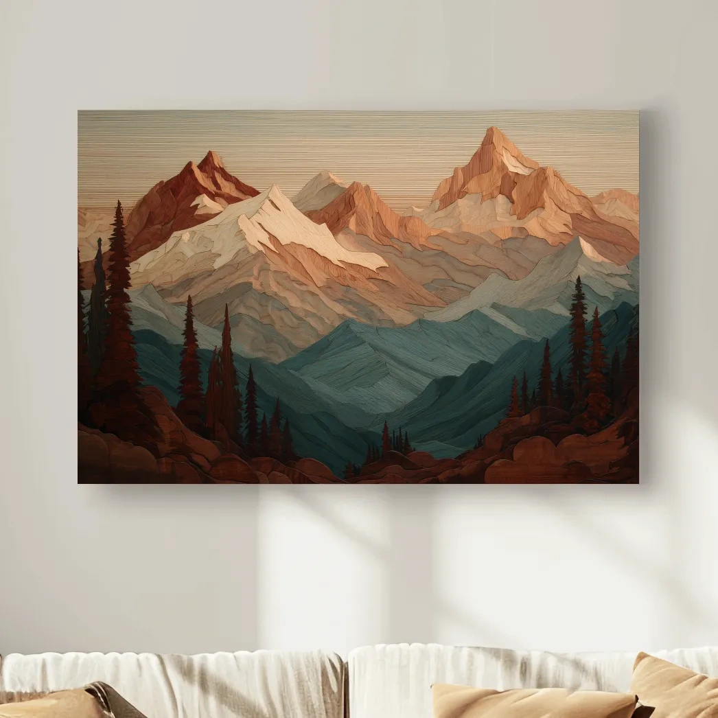 Layered Wood Alpine Mountain Range - Textured Topographic Landscape Wall Art