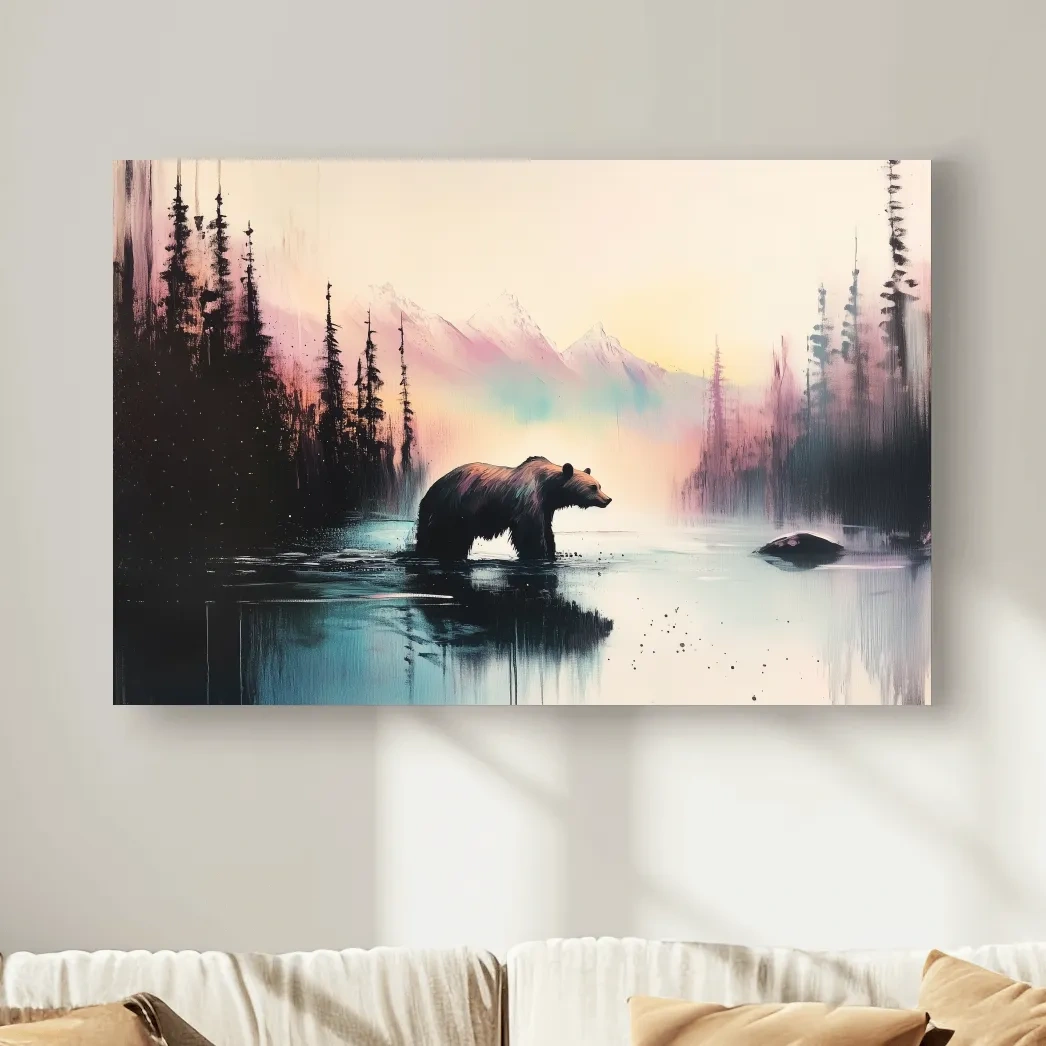 Moody Watercolor Grizzly Bear Lake Reflection - Misty Mountain Wilderness Wall Art