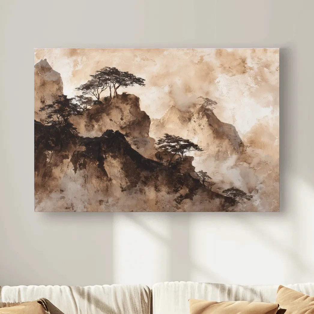 Sepia Japandi Mountain Ridge Painting - Atmospheric Ink Wash Art