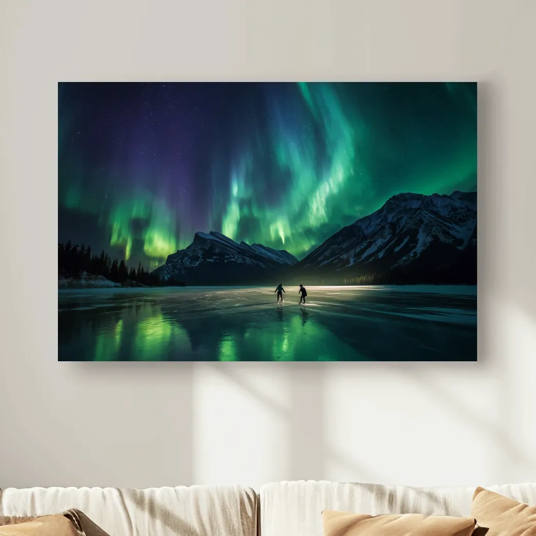 Ice Skaters Under Vibrant Northern Lights - Aurora Borealis Photographic Wall Art