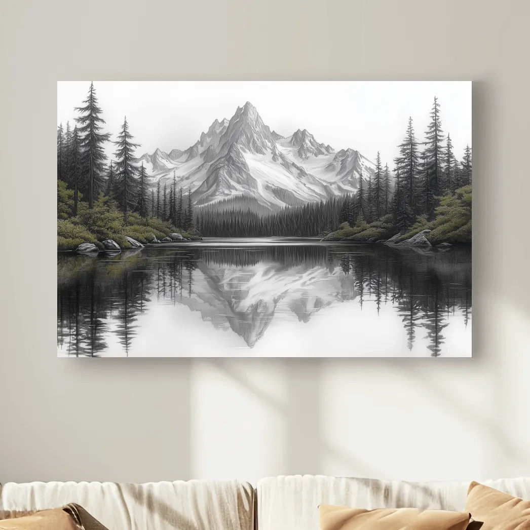 Monochrome Alpine Mountain Lake Reflection Sketch Artwork - Minimalist Forest Landscape Wall Art