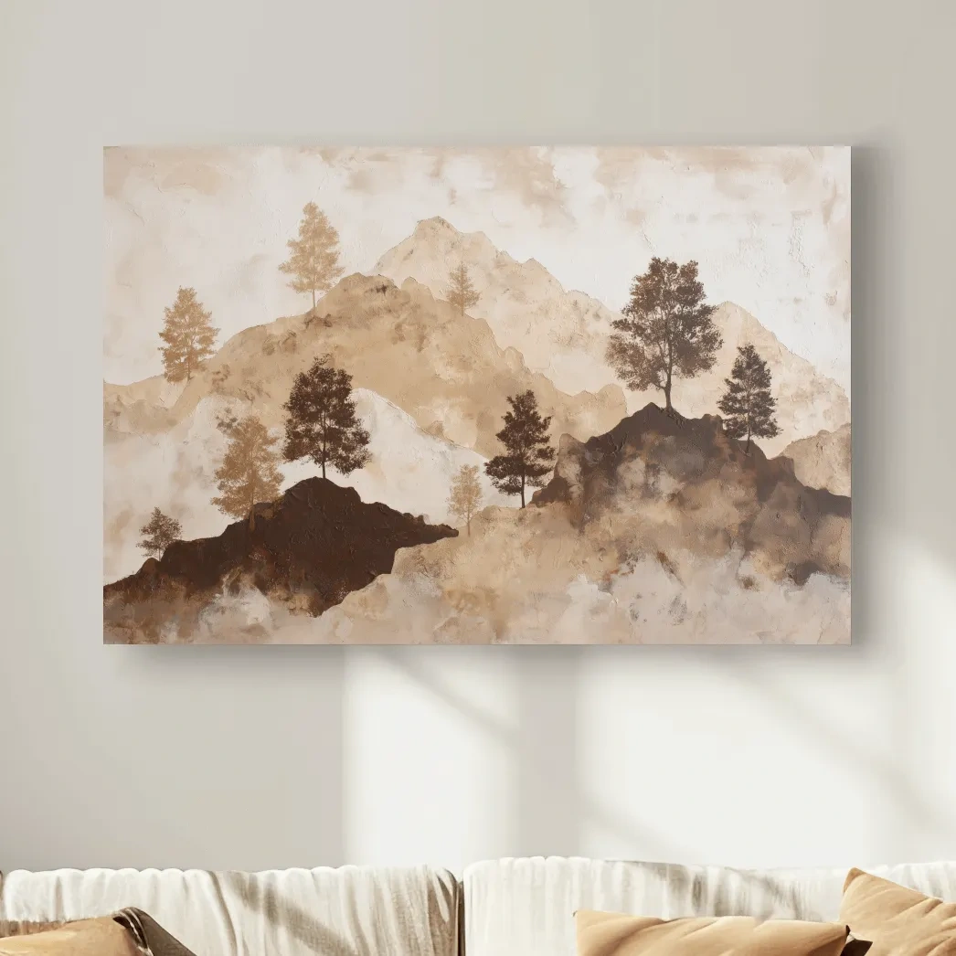 Wabi-Sabi Mountain Tree Silhouettes Painting - Minimalist Landscape Wall Art