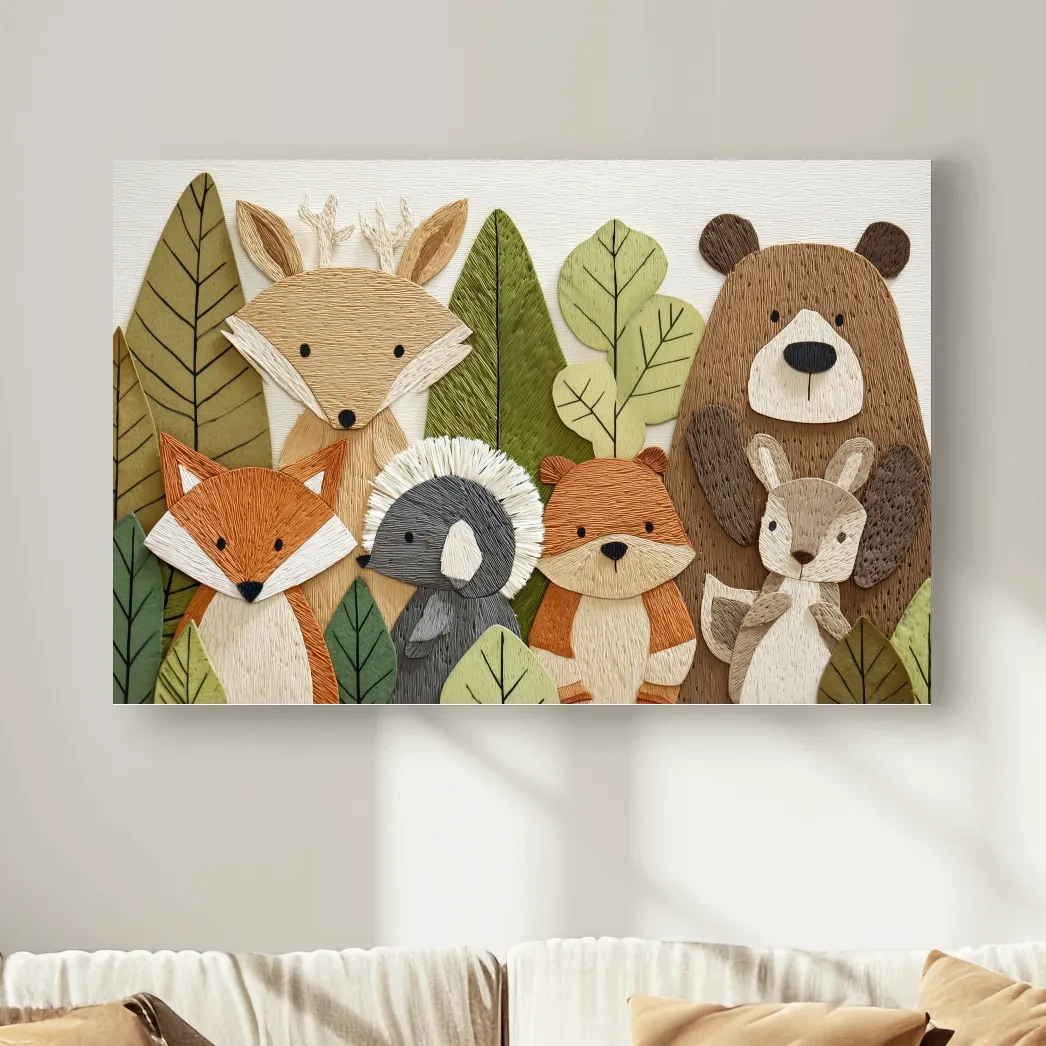 Woodland Animal Nursery Decor - Cute Forest Animals Embroidery Style Wall Art