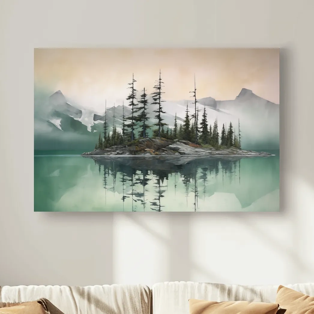 Misty Turquoise Alpine Lake Reflection - Serene Watercolor Mountain Landscape Wall Art
