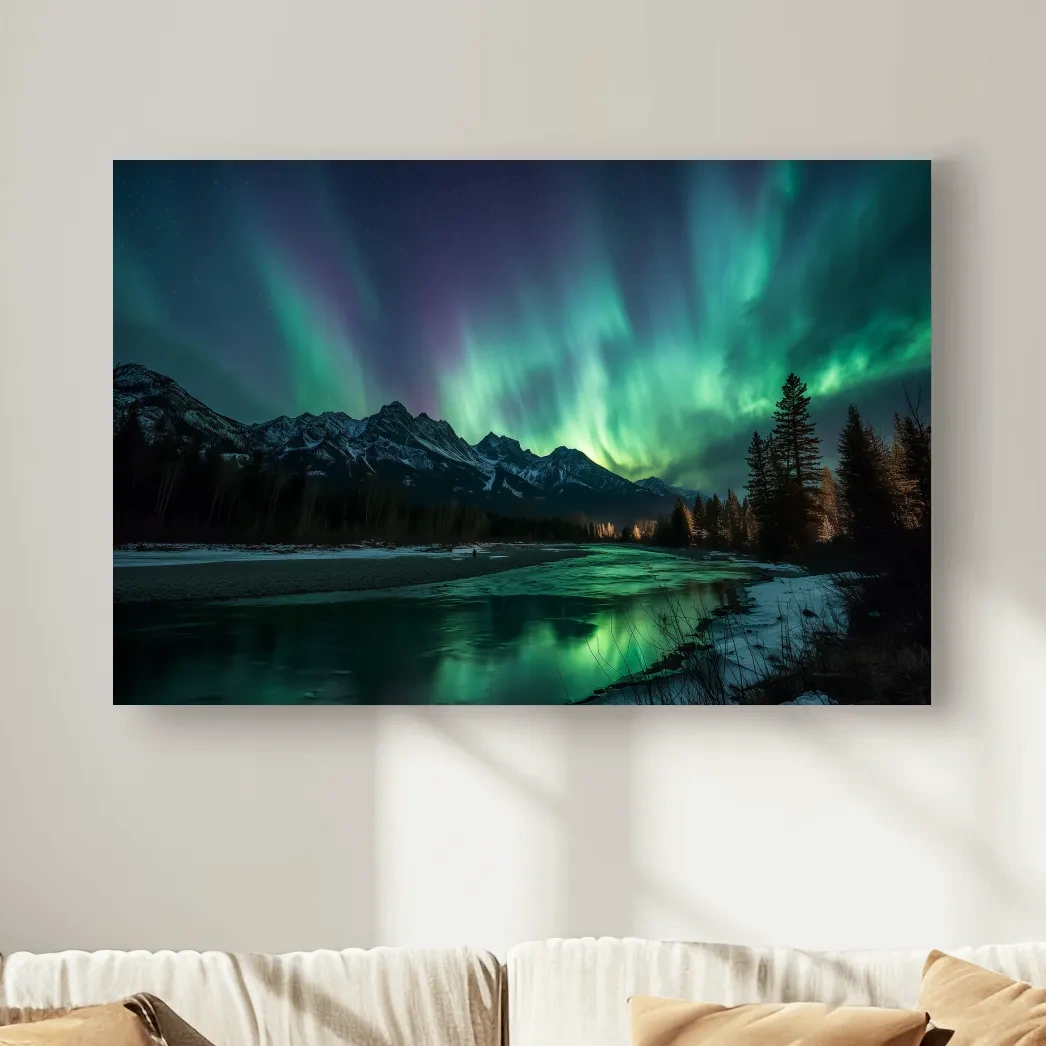 Vibrant Green Northern Lights Over Frozen Lake - Aurora Borealis Landscape Wall Art