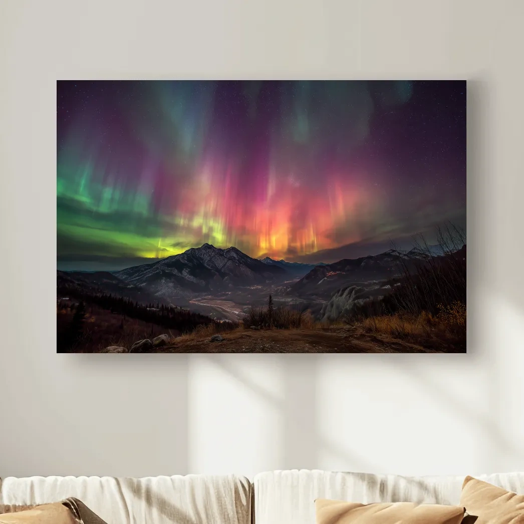 Vibrant Aurora Borealis Over Mountain Range - Colorful Northern Lights Landscape Wall Art