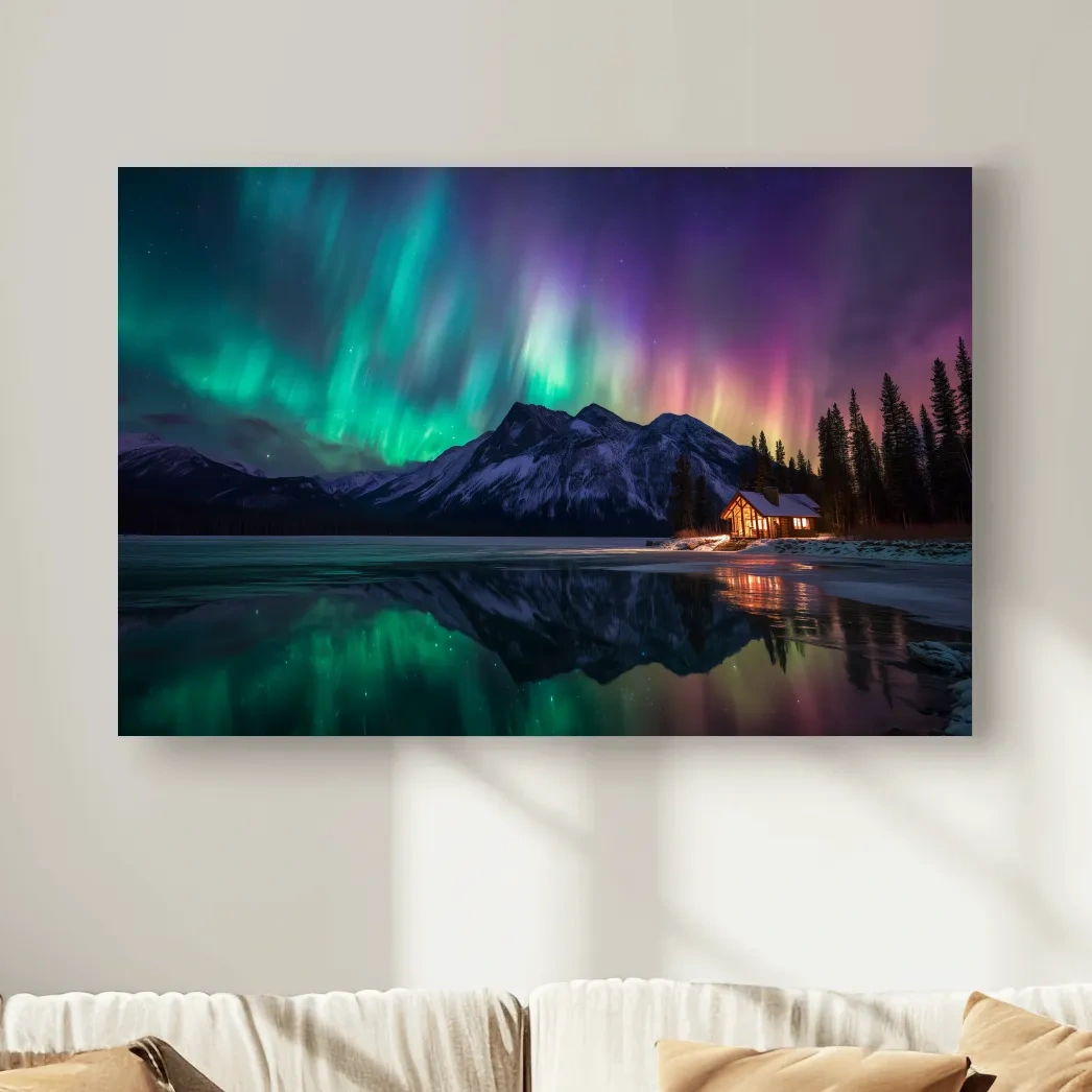 Vibrant Northern Lights Over Mountain Lake Cabin - Aurora Borealis Landscape Wall Art