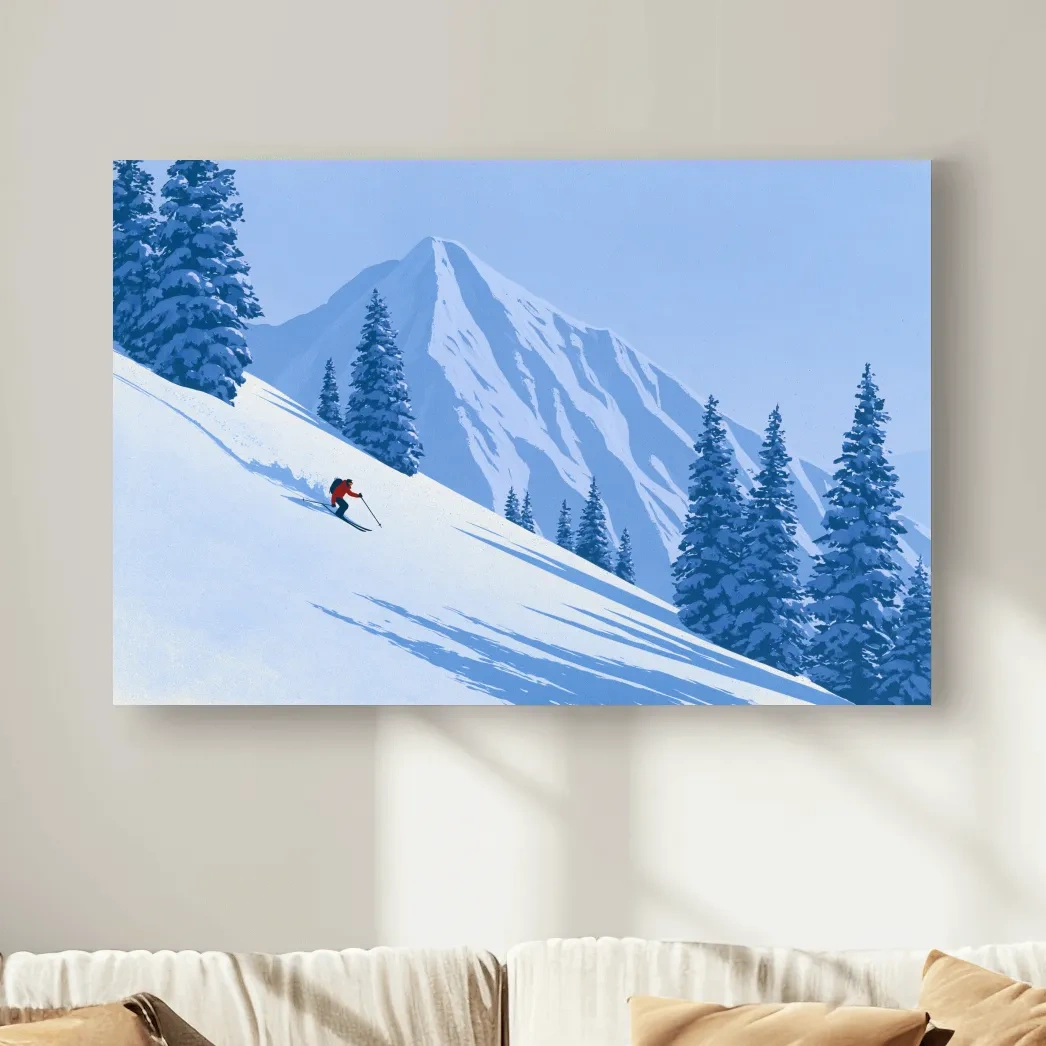 Minimalist Snowy Mountain Skier Landscape - Winter Alpine Illustration Wall Art
