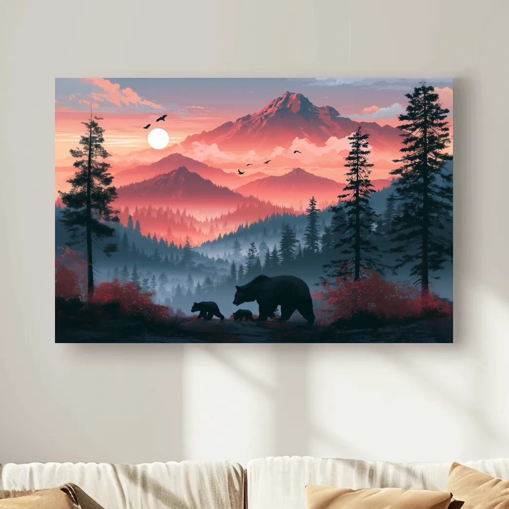 Sunset Mama Bear & Cubs Silhouette - Forest Wildlife Wall Art