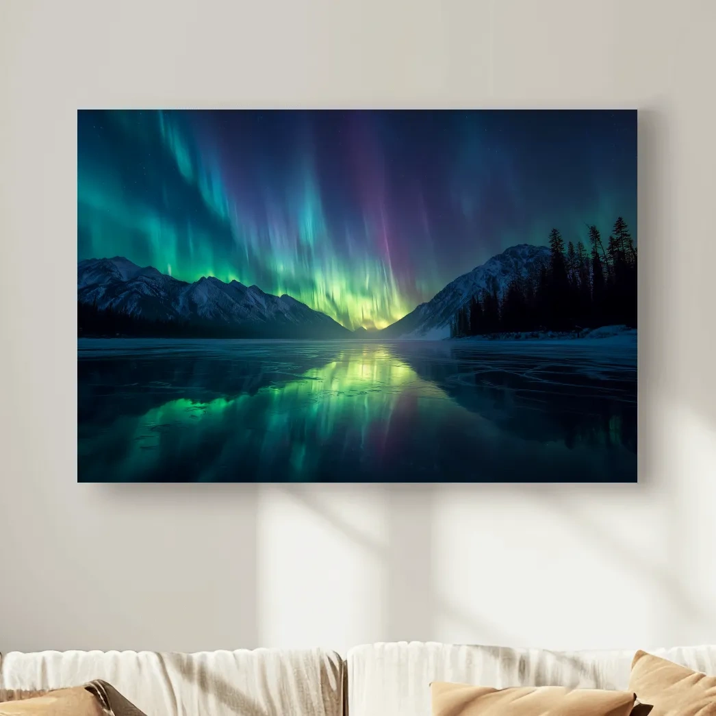Vibrant Northern Lights Over Icy Mountain Lake - Aurora Borealis Wall Art
