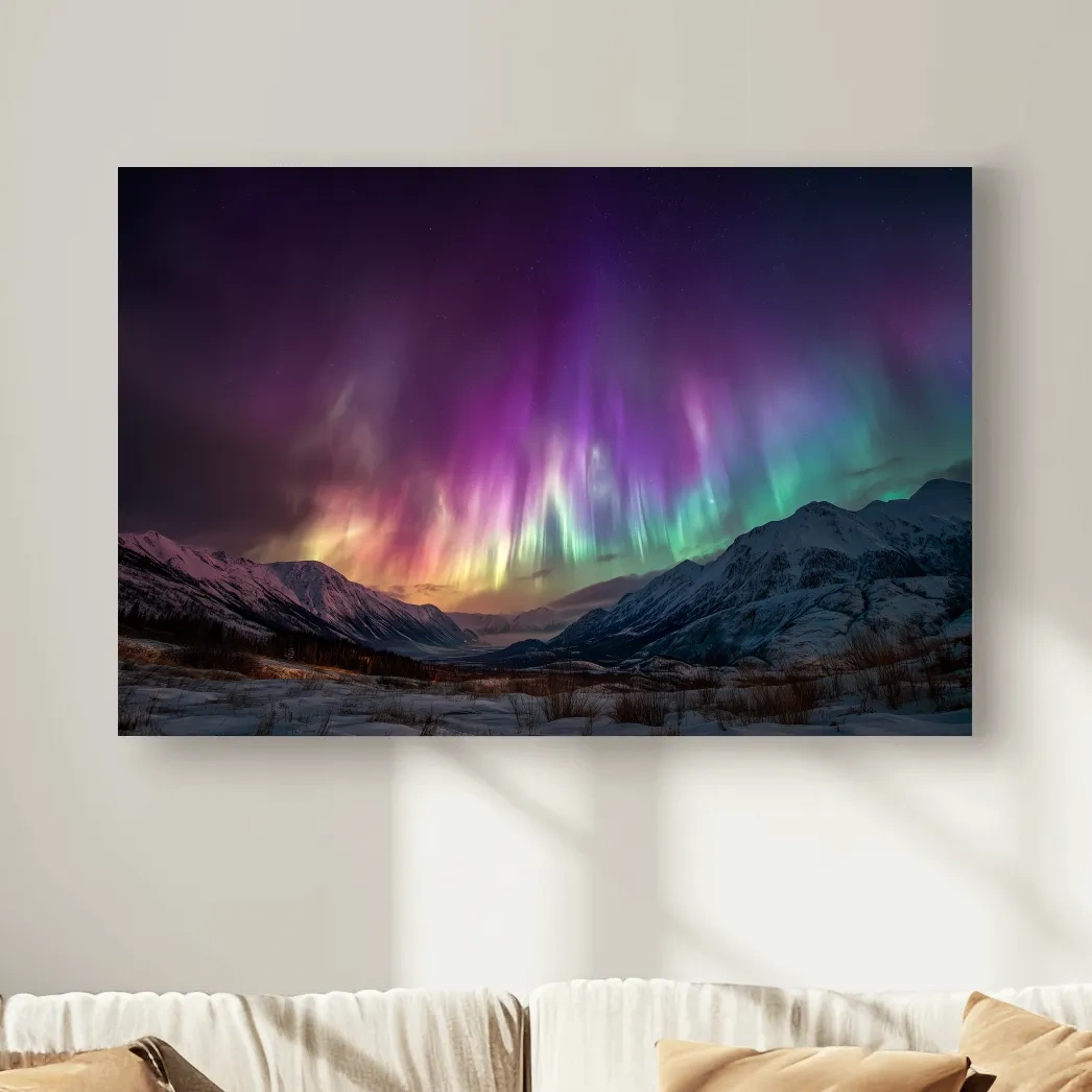 Vibrant Aurora Borealis Over Snowy Mountains - Northern Lights Night Sky Wall Art