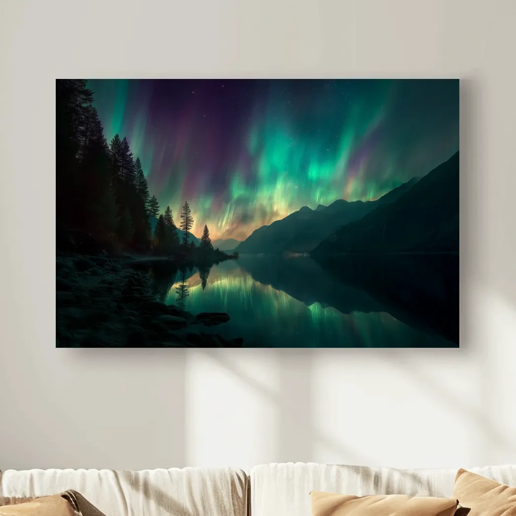 Vibrant Northern Lights Lake Reflection - Aurora Borealis Mountain Wall Art