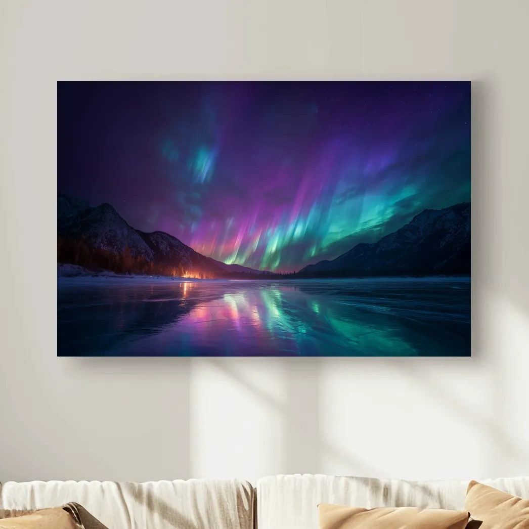 Vibrant Aurora Borealis Over Frozen Lake - Northern Lights Mountain Wall Art
